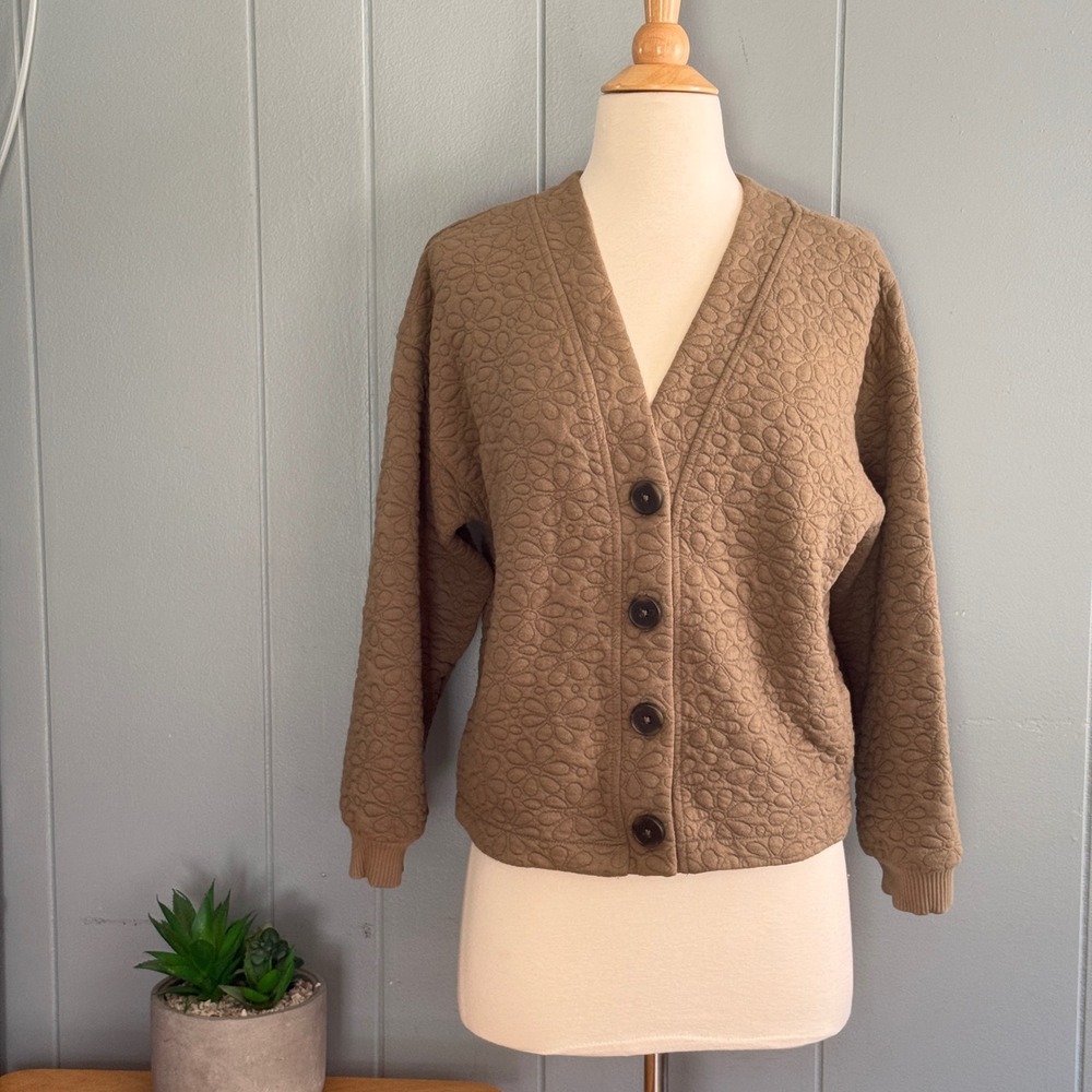 Madewell Flower Puff-Jacquard Crop Cardigan S Mocha Taupe Brown Boxy Cottagecore